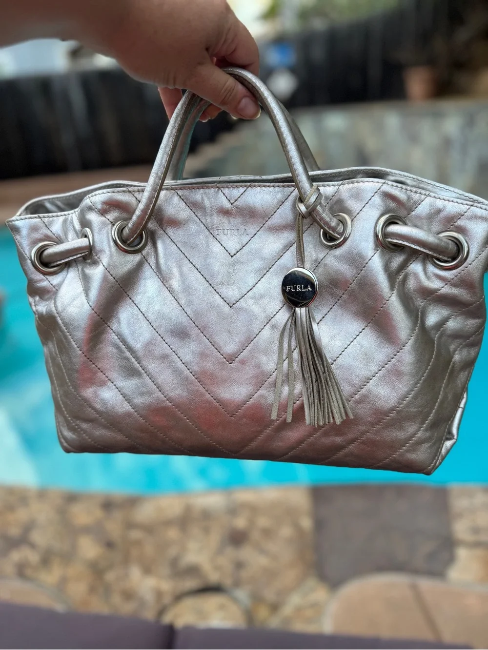 Furla Metallic Silver Leather Chevron Quilted Tote Tassel Bag VGUC Y2K